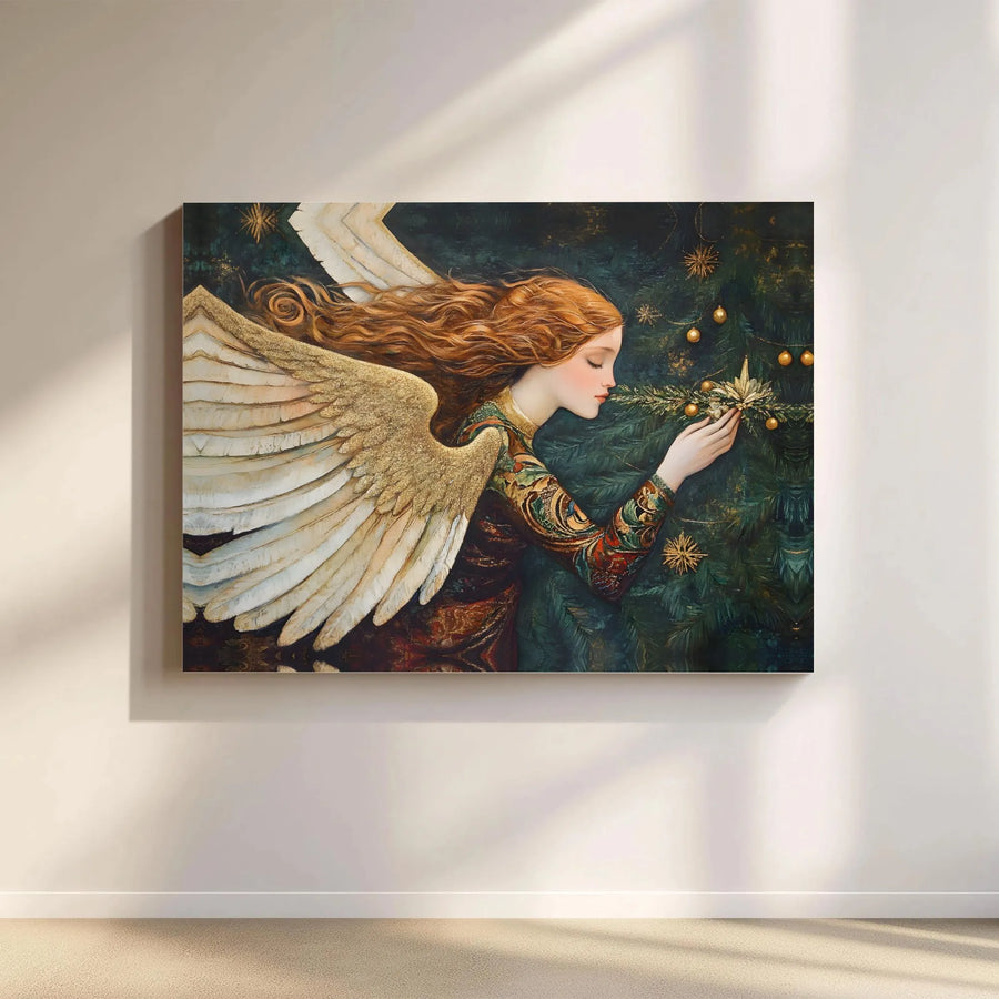Christmas Angel Canvas Wall Art | Redhead Angel Decorating Tree | Premium Gallery Wrapped Print | Holiday Seasonal Home Decor Gift