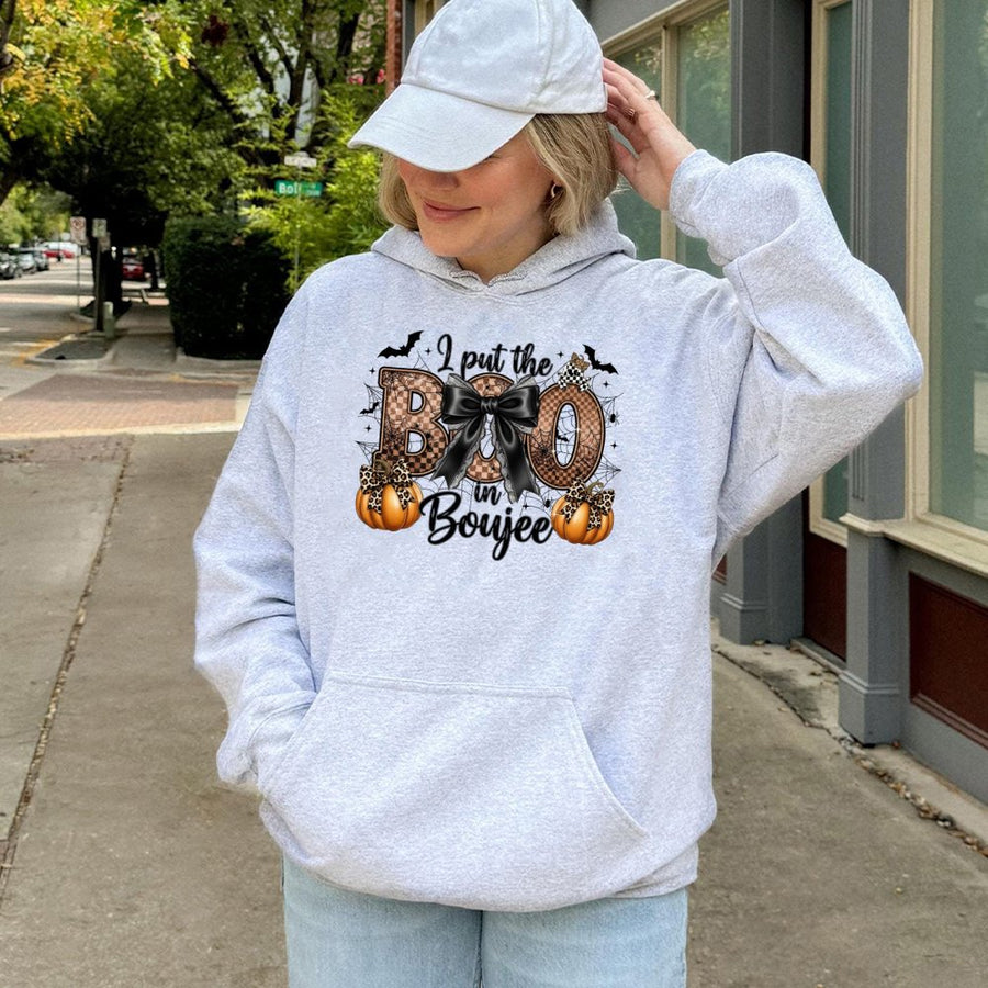 I Put The Boo In Boujee Hoodie | Leopard Print Pumpkin Halloween Design | Premium Soft Blend Pullover | Cute Spooky Aesthetic Gift For Women