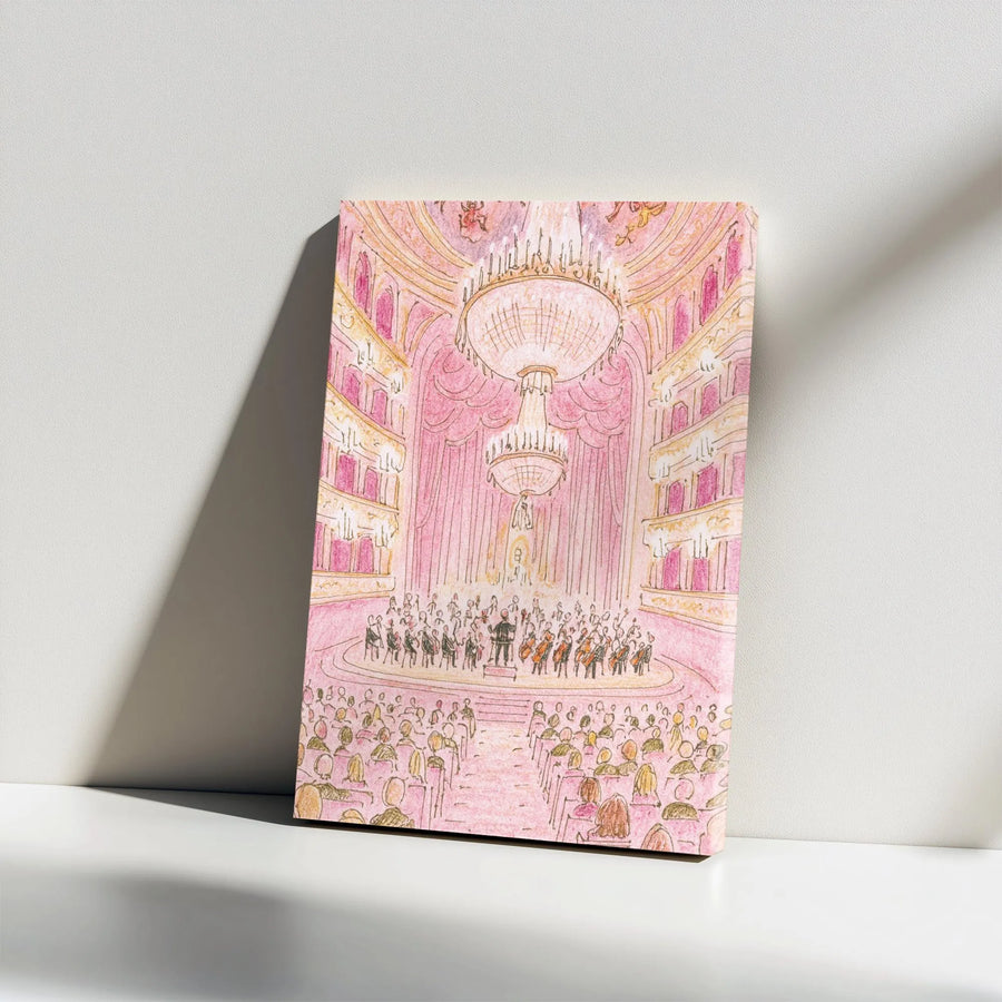 Orchestra Concert Hall Canvas Print | Whimsical Pastel Pink Opera House Sketch | Gallery Wrapped Premium Wall Art | Musical Theater Decor Gift