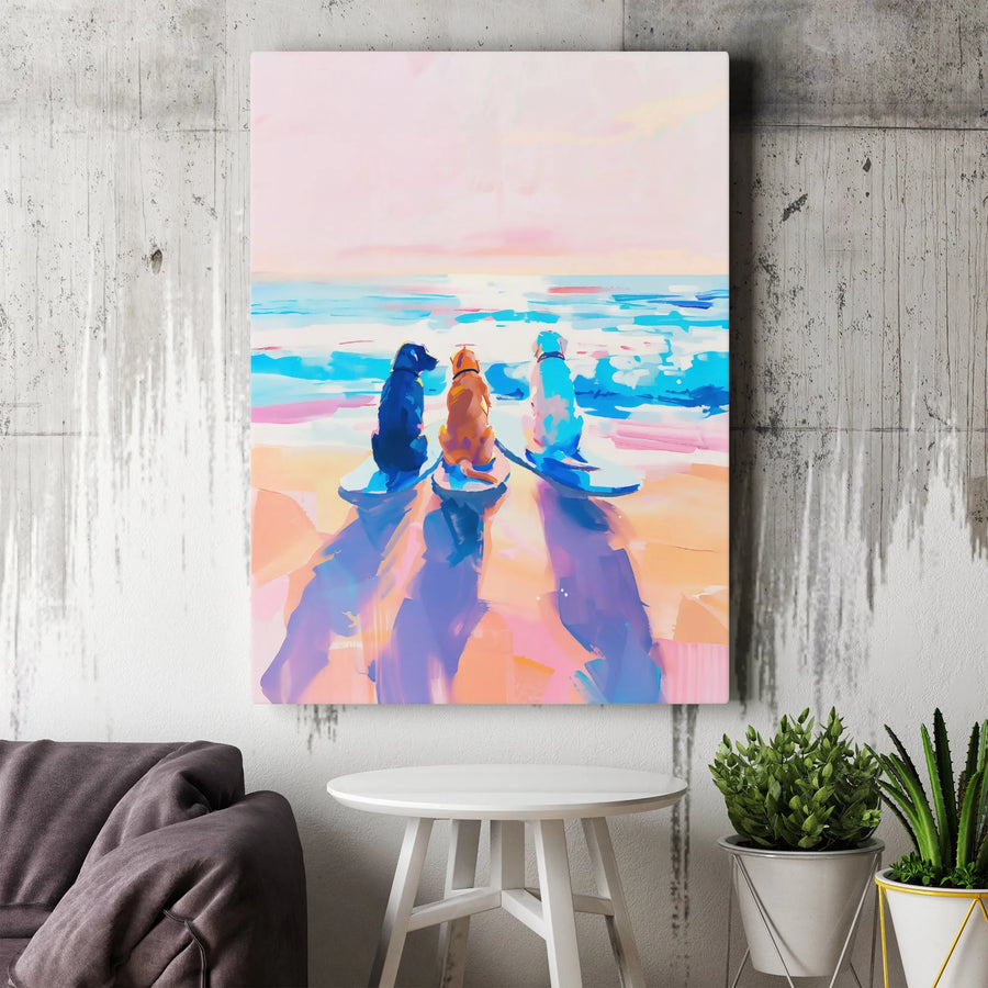 Surfing Dogs Canvas Wall Art | Painterly Beach Scene | 1.25-Inch Premium Gallery Wrap | Coastal Decor Gift for Dog Lovers