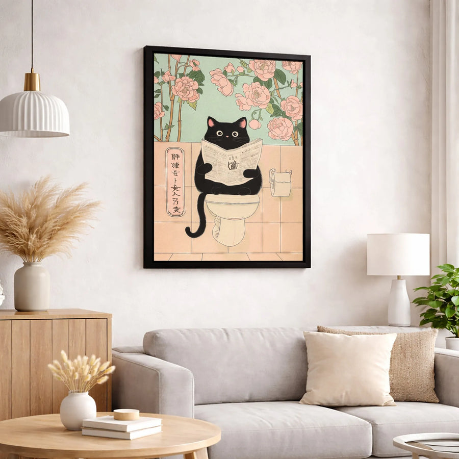 Black Cat Bathroom Wall Art | Ukiyo-E Style Japanese Poster | Premium Gallery Canvas | Funny Gift for Cat Lovers