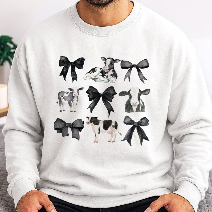 Coquette Cow Sweatshirt | Cute Farm Animal Graphic with Black Bows | Premium Cotton Blend | Aesthetic Gift for Cow Lovers