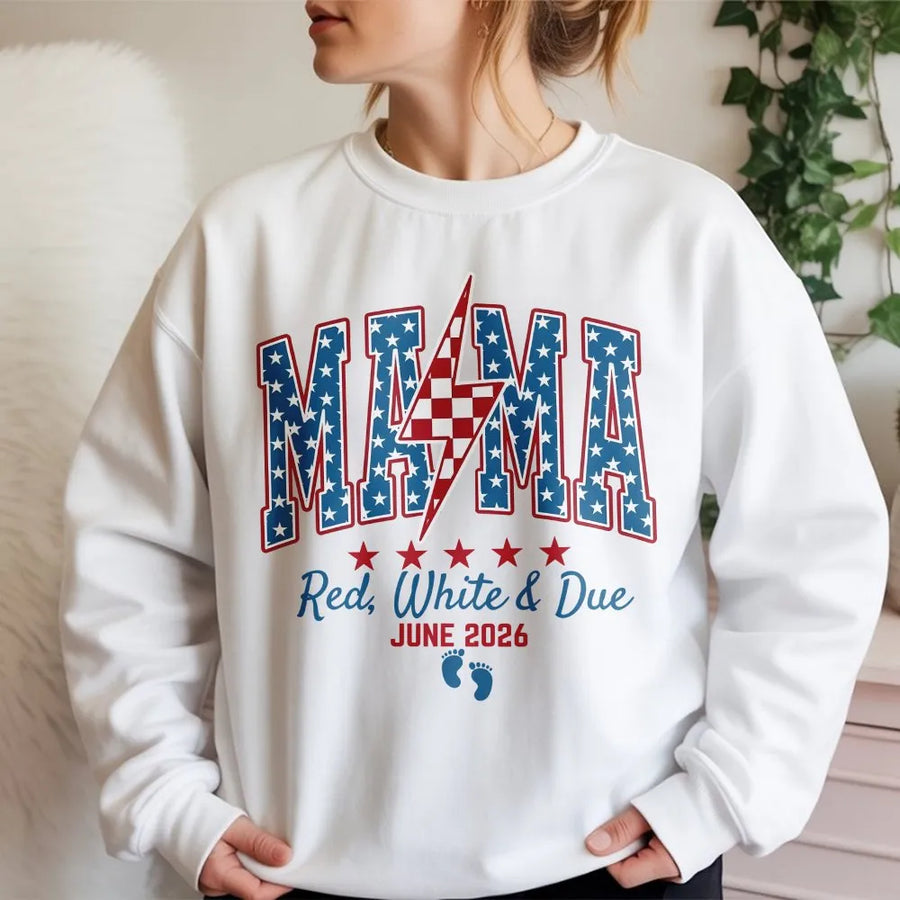 4th of July Pregnancy Announcement Sweatshirt | Red White and Due Mama Design | Cozy Fleece Crewneck | Gift for Expecting Mom
