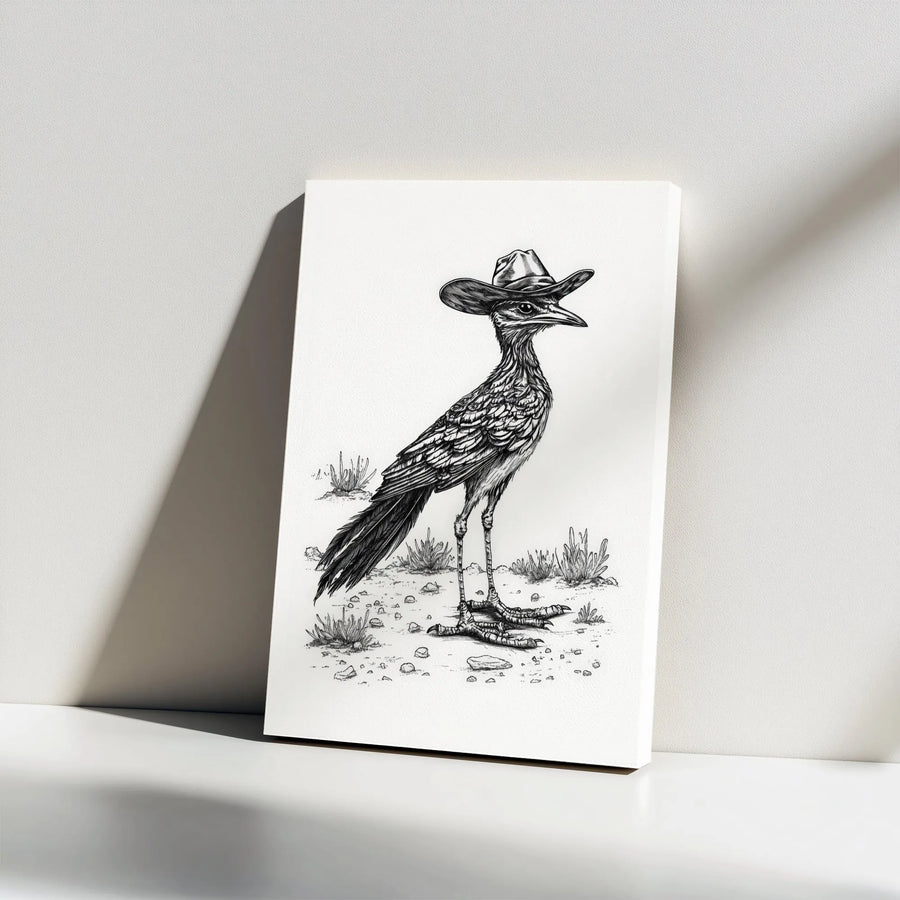 Roadrunner with Cowboy Hat Canvas Art | Western Bird Sketch Print | Premium Gallery Wrapped Canvas | Unique Southwestern Home Decor Gift