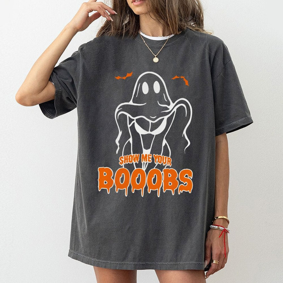Show Me Your Booobs Ghost T-Shirt | Funny Halloween Pun Graphic | Premium Cotton Unisex Tee | Naughty Halloween Party Gift