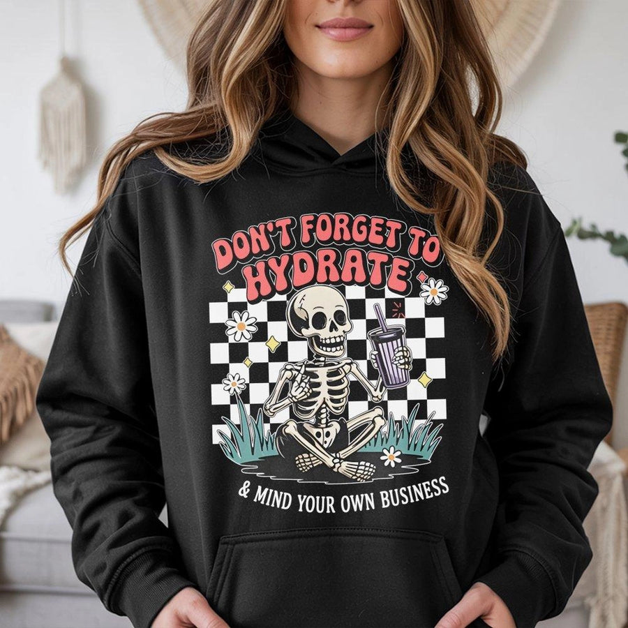 Don't Forget To Hydrate Skeleton Hoodie | Retro Checkerboard Aesthetic Graphic | Premium Cotton Blend | Funny Sarcastic Gift For Friends