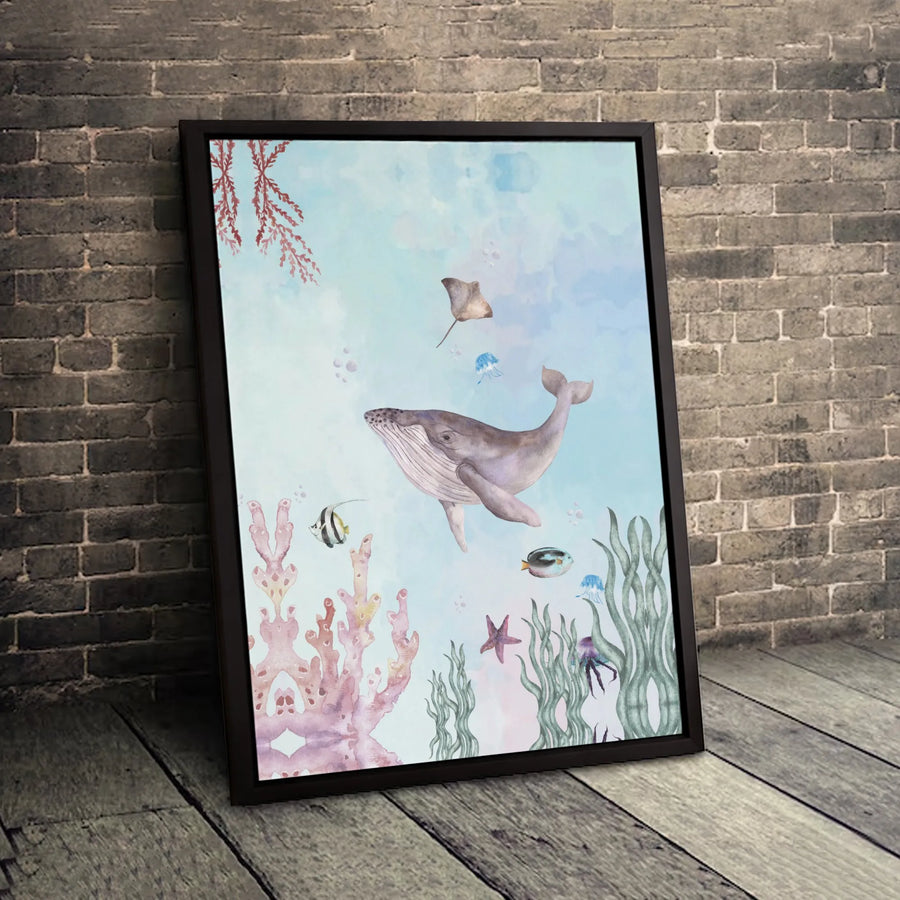 Watercolor Ocean Wall Art | Whale Stingray Coral Reef Canvas | Gallery-Wrapped Premium Decor | Nursery & Coastal Home Gift