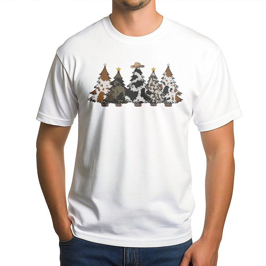 Western Christmas T-Shirt | Cowhide Print Trees Graphic | Premium Soft Cotton Tee | Cute Country Holiday Gift for Women and Men
