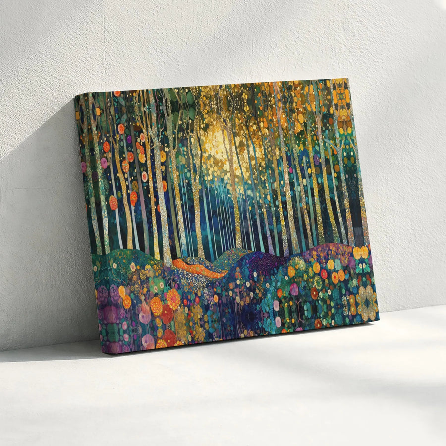 Enchanted Forest Horizontal Canvas | Vibrant Mosaic Style Tree & Wildflower Meadow Art | Premium 1.25 In Gallery Wrap | Whimsical Nature Wall Decor for Living Room