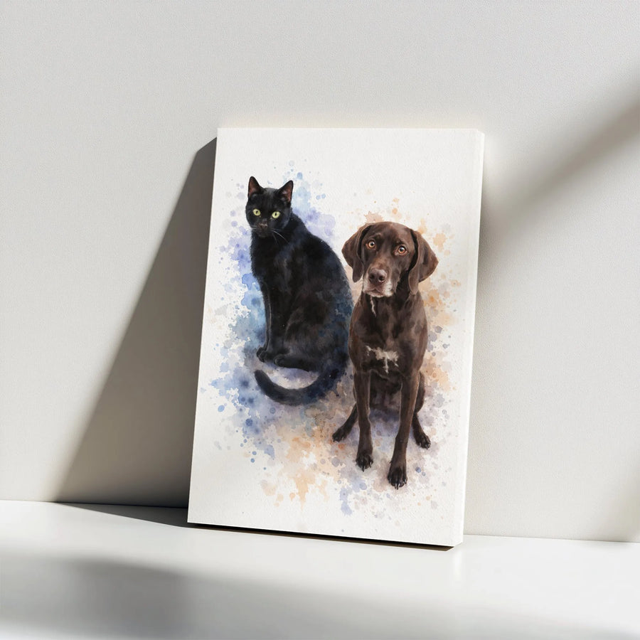 Cat and Dog Wall Art Canvas | Watercolor Black Cat & Brown Dog Portrait | Premium Gallery Wrapped Canvas | Gift for Pet Lover & Vet Office Decor