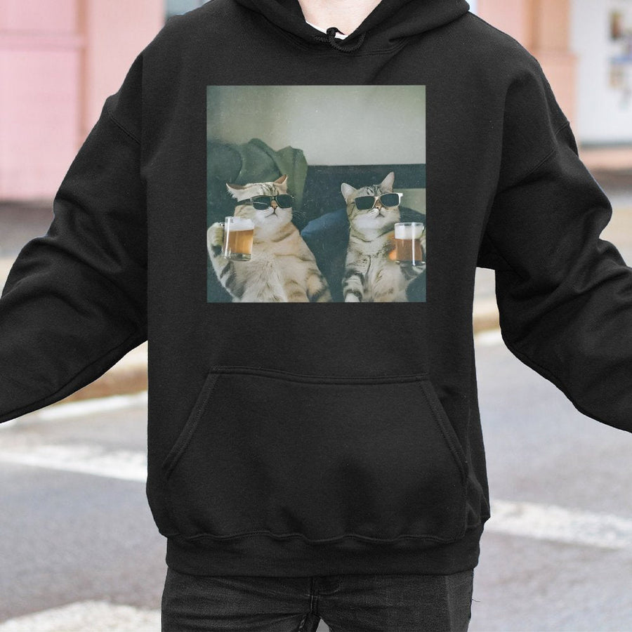 Cool Cats Drinking Beer Hoodie | Funny Graphic Animal Print | Premium Cotton-Blend Pullover | Unique Gift for Cat Lovers & Beer Enthusiasts