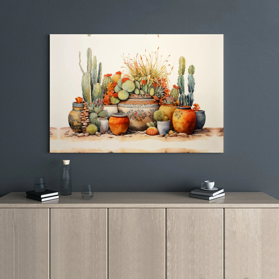 Southwestern Cactus Canvas Wall Art | Desert Succulents in Rustic Pottery | Premium 1.25" Gallery Wrap | Boho Home Decor Gift