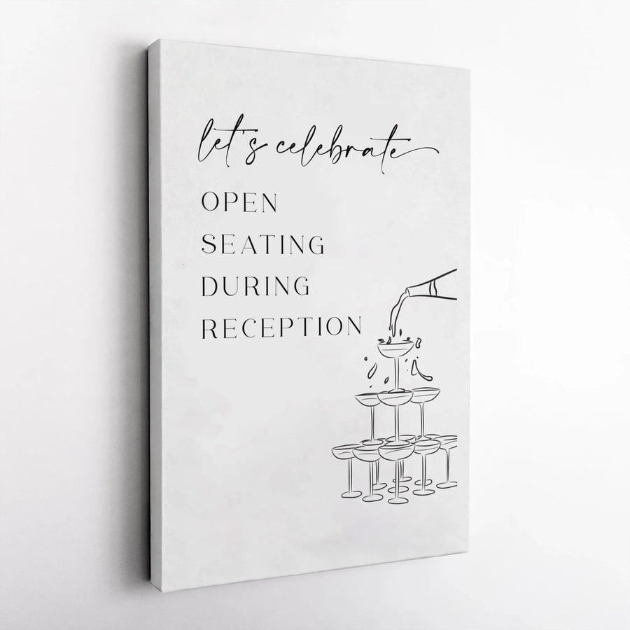 Open Seating Canvas Sign | Minimalist Champagne Tower Sketch | Premium Gallery Wrapped Canvas | Modern Wedding Reception Decor