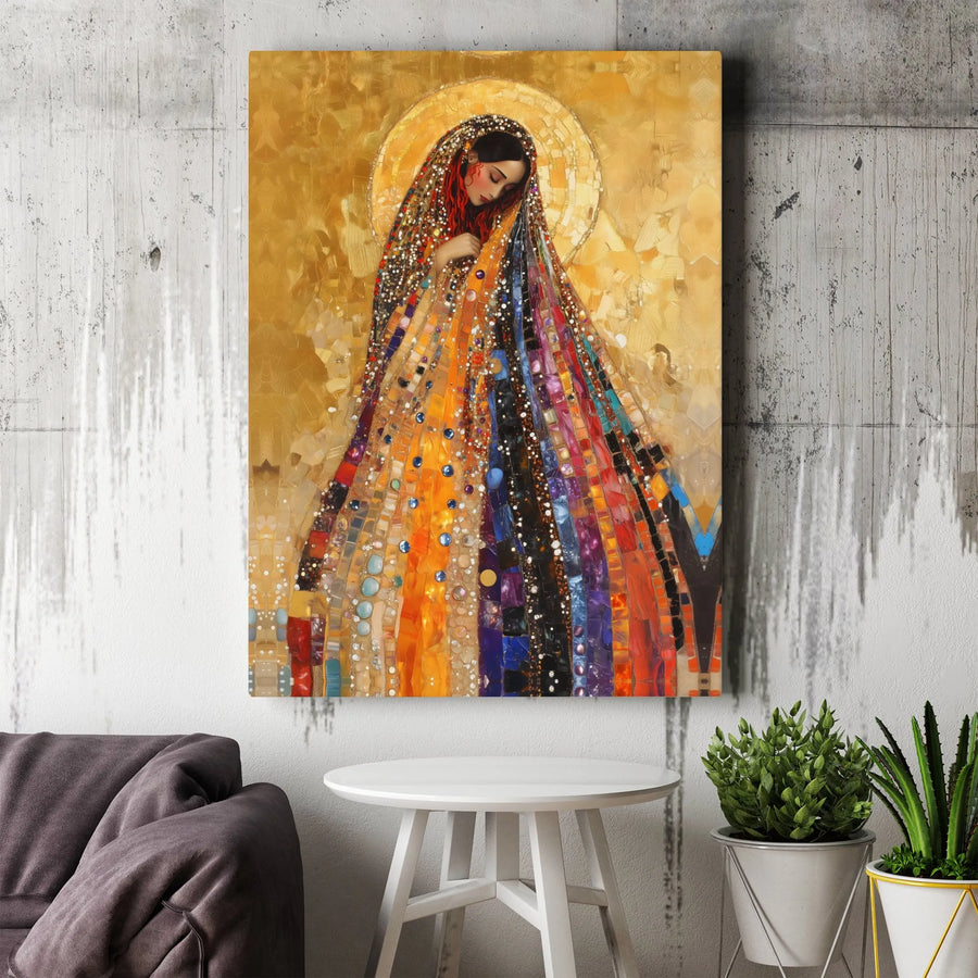 Virgin Mary Canvas Print | Mosaic Gold Halo Religious Wall Art | Premium Gallery Wrapped Decor | Spiritual Home Gift for Catholic Faith