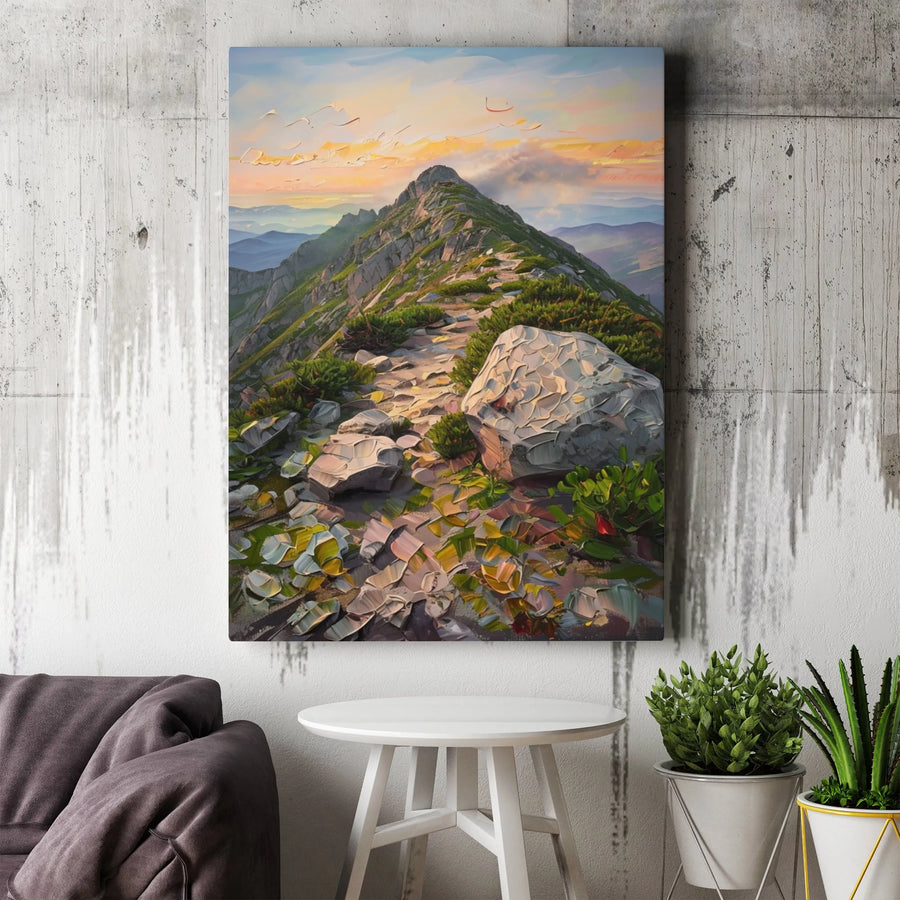 Mountain Trail Canvas Wall Art | Impasto Sunrise Landscape Painting | Premium Gallery-Wrapped Print | Gift for Nature Lovers & Hikers