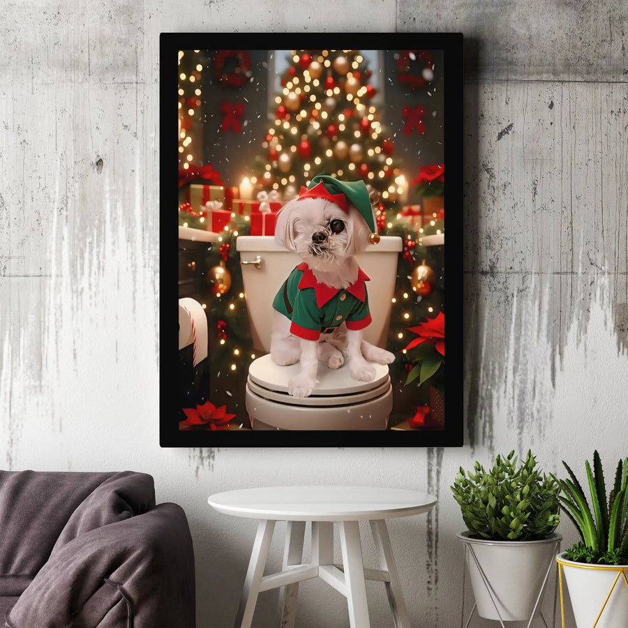 Funny Maltese Dog Christmas Wall Art | Elf Costume Toilet Scene Print | 1.25 Inch Gallery Wrap Canvas | Humorous Holiday Home Decor Gift