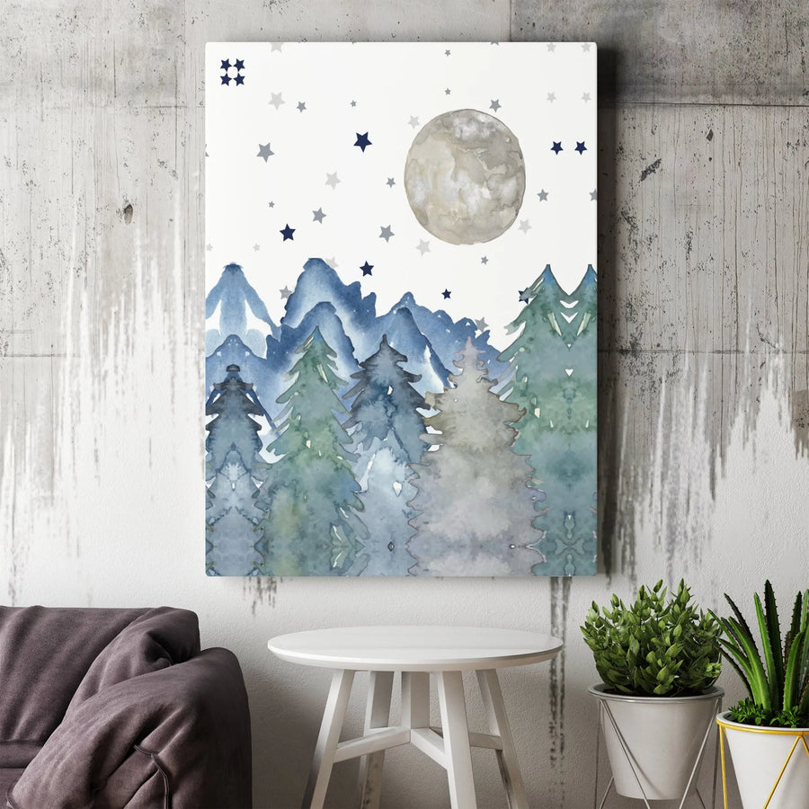 Watercolor Forest Night Sky Canvas | Moon and Stars Pine Tree Print | Premium Thick Gallery Wrap | Boho Woodland Nursery Decor Gift