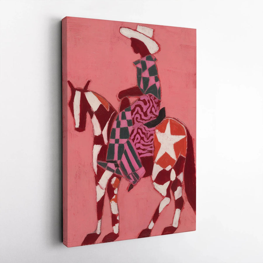 Abstract Cowboy Canvas Print | Pink Rodeo Rider with Patterned Horse | Premium Gallery Wrapped Canvas | Southwestern Wall Decor Gift