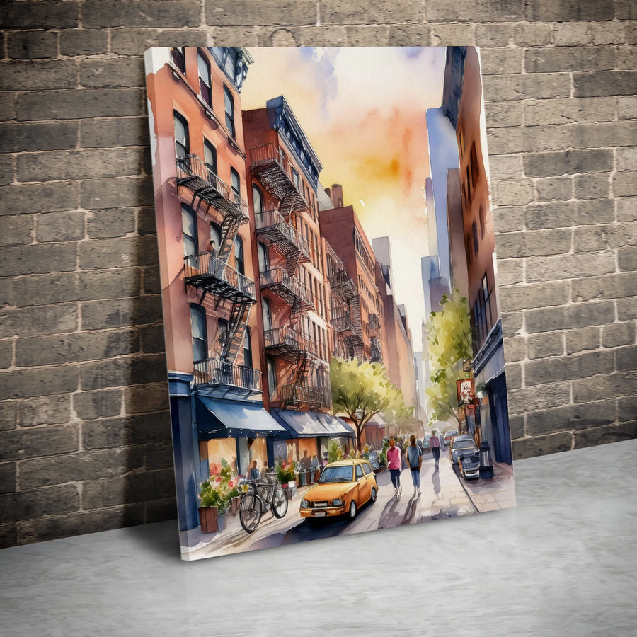 New York Cityscape Vertical Canvas | Watercolor Brownstone Street Scene Art | Premium Gallery Wrapped Print | Urban Home Decor Gift for NYC Lover