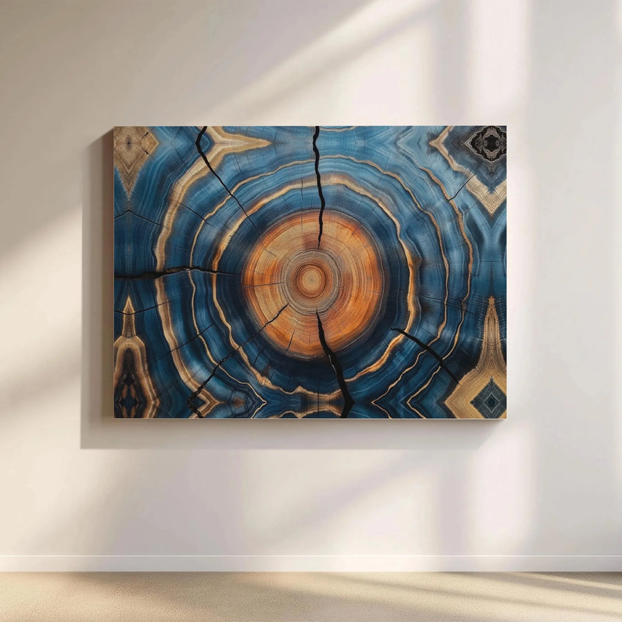 Abstract Tree Rings Wall Art | Blue and Gold Wood Cross Section Print | Premium Gallery Wrapped Canvas | Modern Home Office Decor Gift