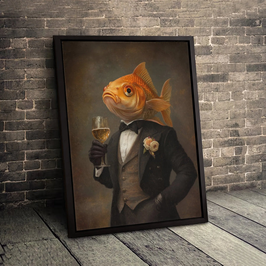 Goldfish Portrait Wall Art | Funny Tuxedo Fish Drinking Champagne | Premium Gallery Wrapped Canvas | Quirky Home Decor Gift for Office