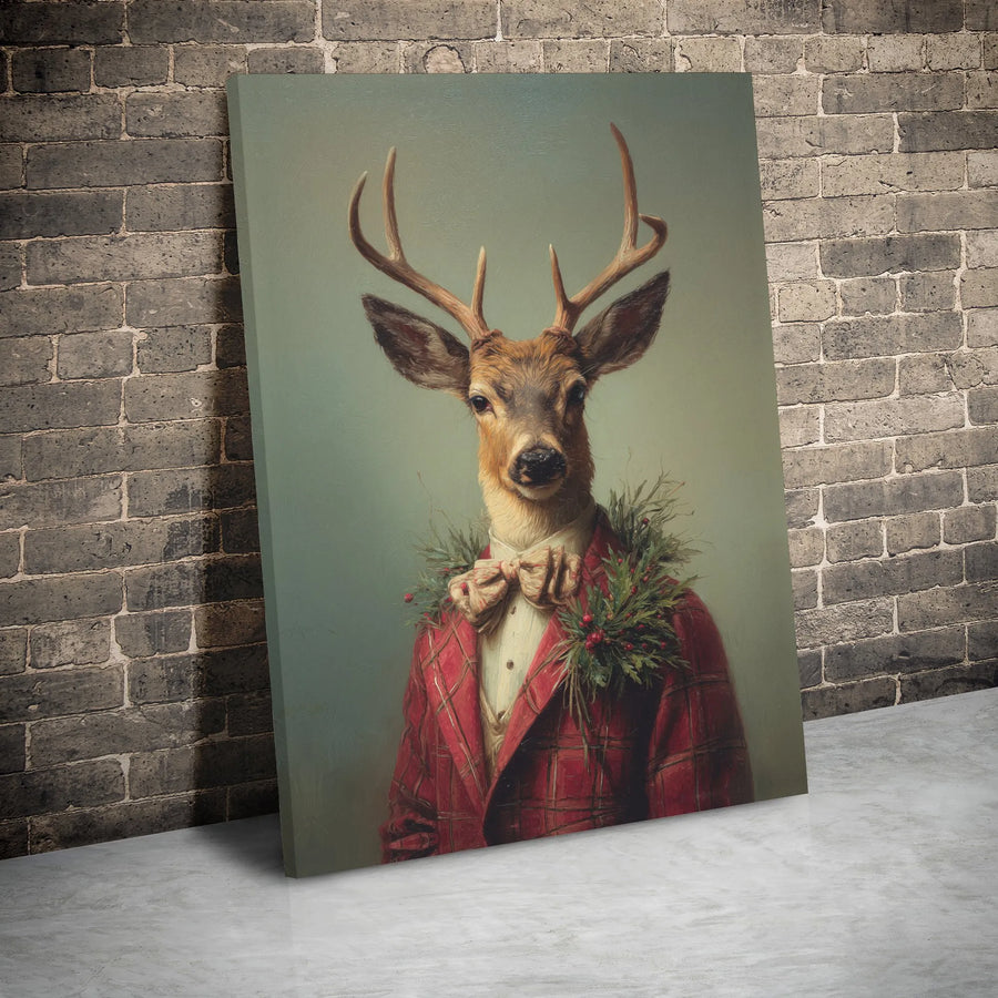 Dapper Deer Canvas Wall Art | Christmas Red Plaid Suit Portrait | Premium Gallery Wrap Decor | Holiday Lodge Farmhouse Gift