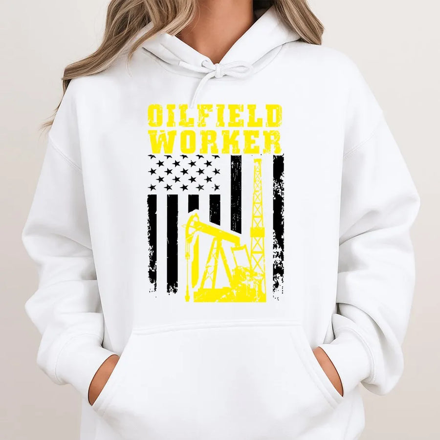 Oilfield Worker Hoodie | American Flag Pumpjack Oil Rig Graphic | Premium Cotton-Poly Blend | Gift for Oil and Gas Industry Roughneck Men