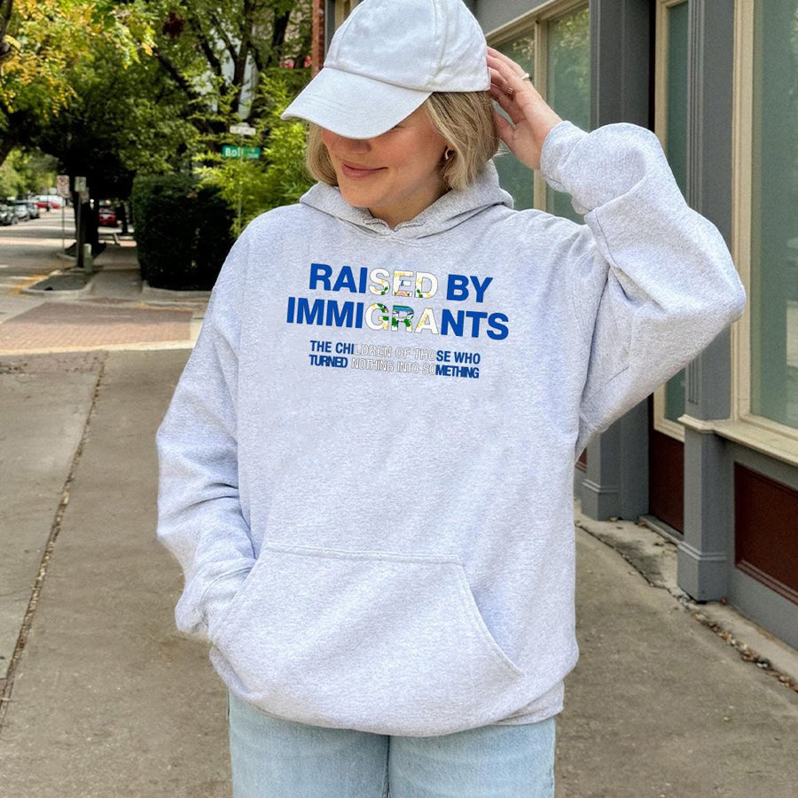 Raised By Immigrants Hoodie | El Salvador Flag Graphic Design | Premium Cotton Blend | Meaningful Heritage Gift for Salvadoran Americans