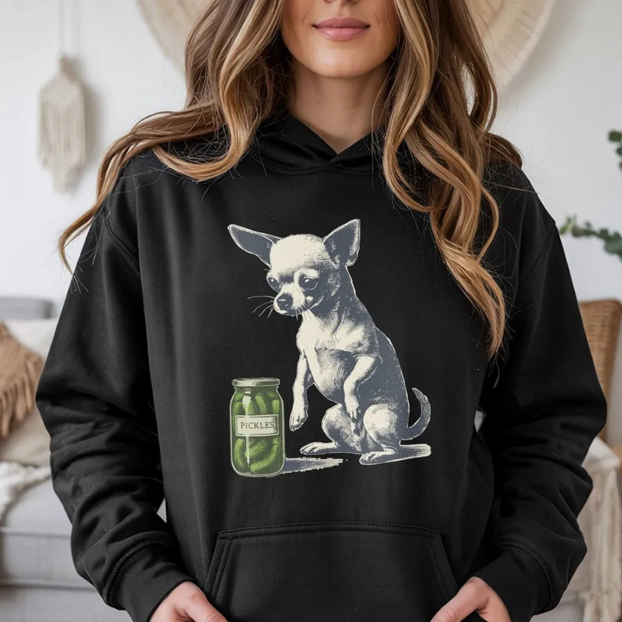 Chihuahua Hoodie | Funny Dog Pickle Jar Graphic | Premium Cotton Blend | Quirky Animal Lover Gift For Men Women