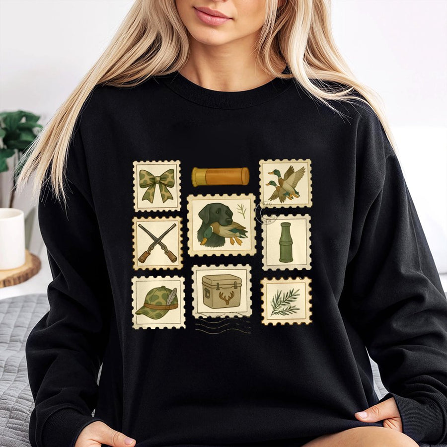 Duck Hunting Sweatshirt | Postage Stamp Graphic Design | Premium Cotton Blend Crewneck | Outdoorsman Gift for Hunter