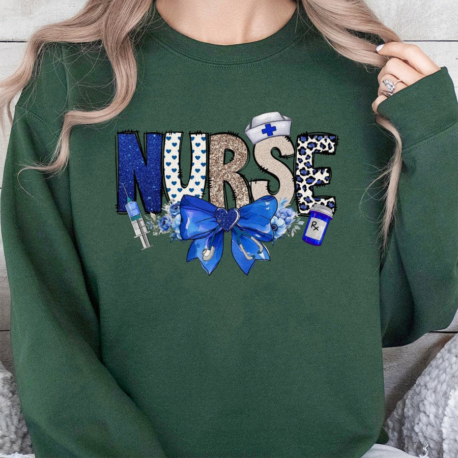 Nurse Sweatshirt | Blue Coquette Aesthetic Bow & Medical Graphics | Premium Cotton Blend | Gift for Nursing Student or RN Graduation