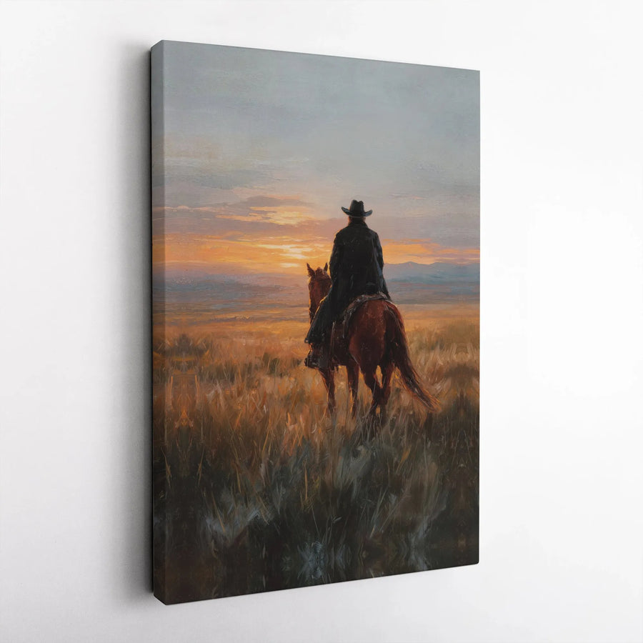 Western Cowboy Wall Art | Sunset Horseback Riding Canvas | Premium Gallery Wrapped Print | Rustic Home Decor Gift for Him