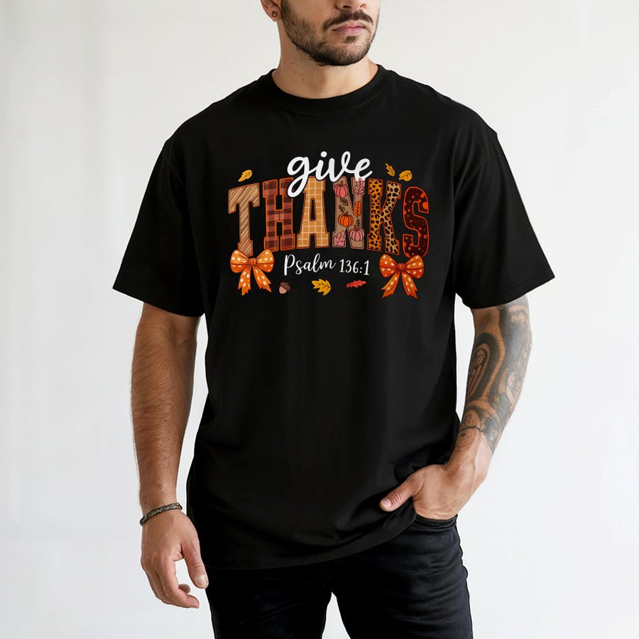Give Thanks Psalm 136:1 T-Shirt | Fall Aesthetic Coquette Bow Design | Premium 100% Cotton Tee | Thanksgiving Christian Gift for Her