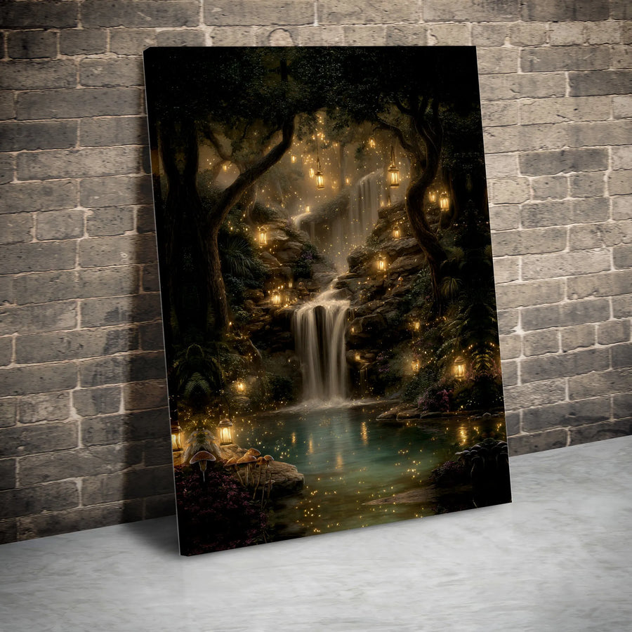 Enchanted Forest Waterfall Canvas | Magical Glowing Lanterns & Fireflies Wall Art | Premium Fade-Resistant Print | Whimsical Nature Home Decor