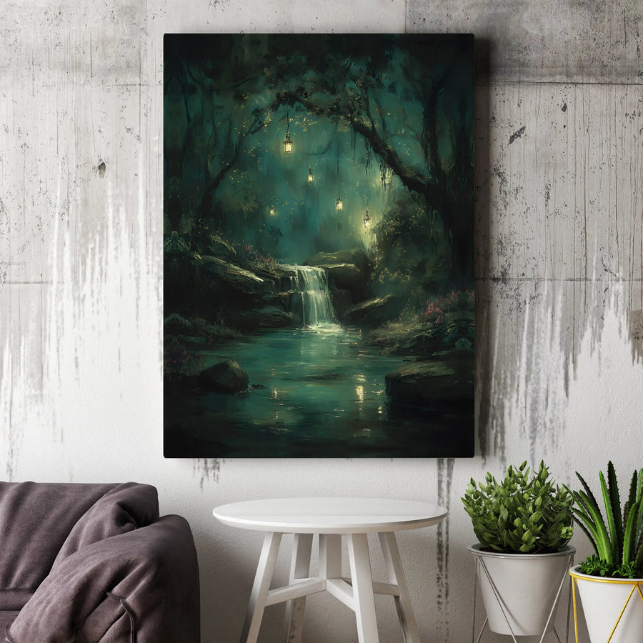 Enchanted Forest Canvas Wall Art | Dark Fantasy Waterfall with Glowing Lanterns | Premium Canvas Print | Mystical Home Decor Gift for Fantasy Lovers
