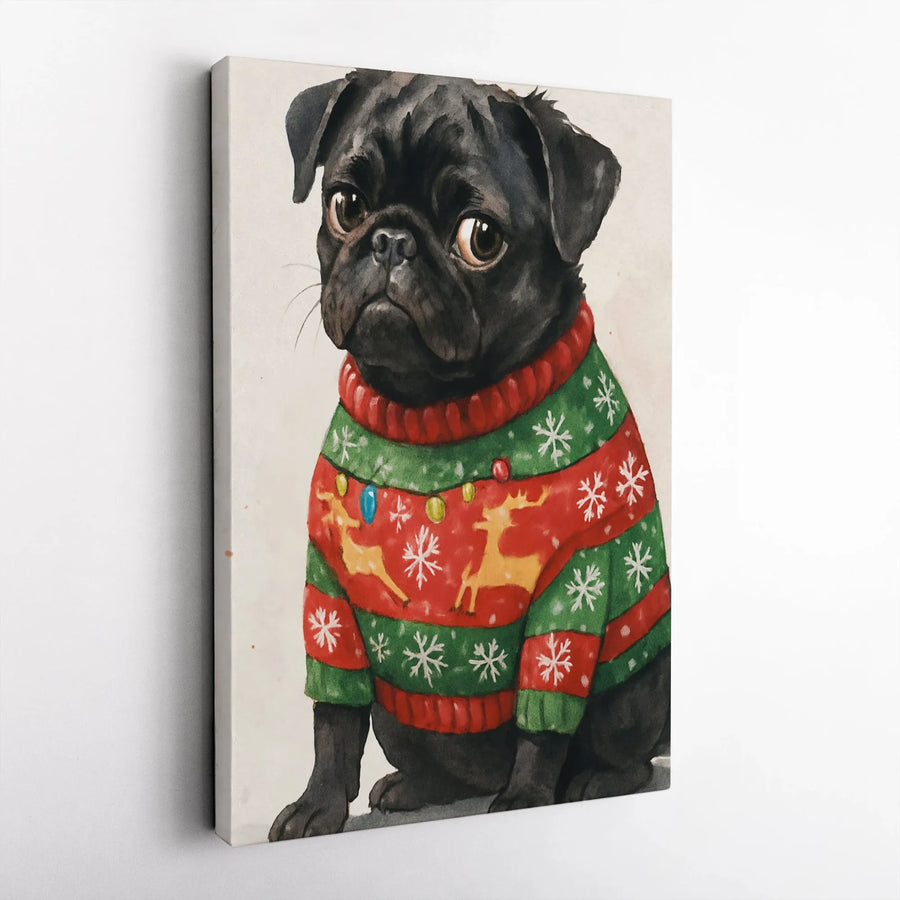 Black Pug Christmas Canvas Wall Art | Watercolor Ugly Sweater Dog Portrait | Premium 1.25" Gallery Wrap | Holiday Gift for Dog Lovers