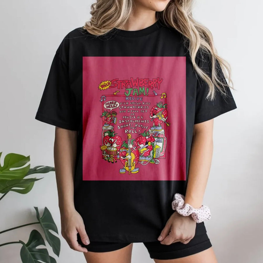 Strawberry Jam T-Shirt | Retro Kawaii Musical Strawberry Band Graphic | Premium Cotton Streetwear Tee | Cute Fruit Lover Gift For Women Teens