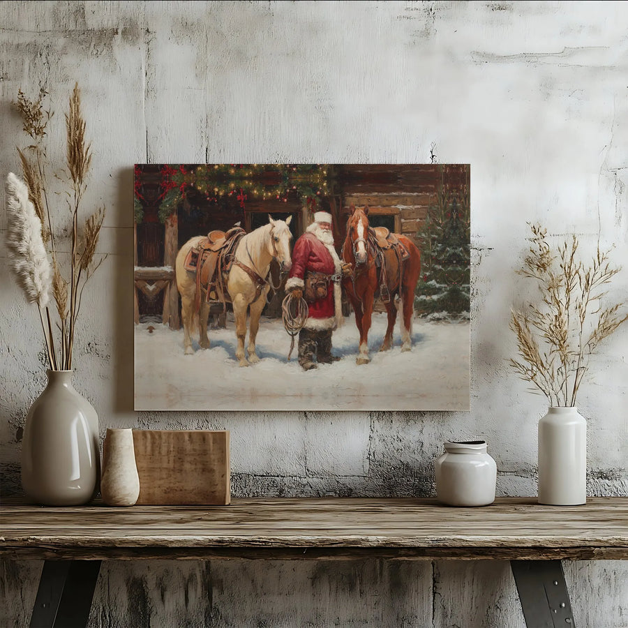 Western Santa Canvas Wall Art | Cowboy Santa Claus with Horses | Premium Gallery Wrap Print | Rustic Holiday Decor for Christmas Gift