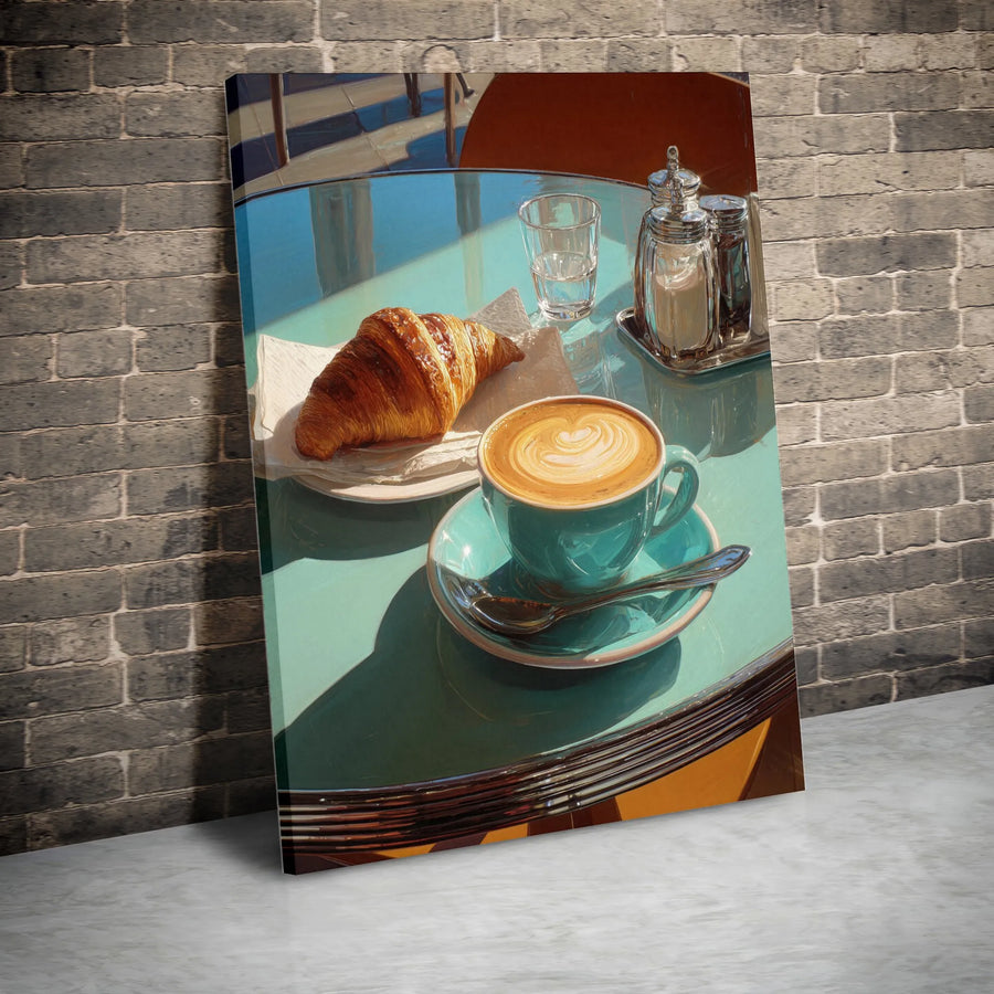 Coffee and Croissant Canvas Wall Art | Realistic French Cafe Scene | Premium Gallery Wrapped Print | Kitchen & Dining Room Decor Gift