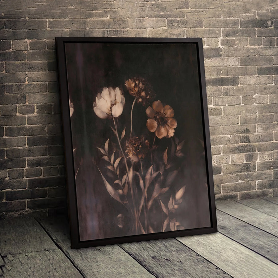 Moody Dark Floral Wall Art | Vintage Botanical Sepia Flower Print | Gallery Quality Framed Canvas | Sophisticated Home Decor Gift