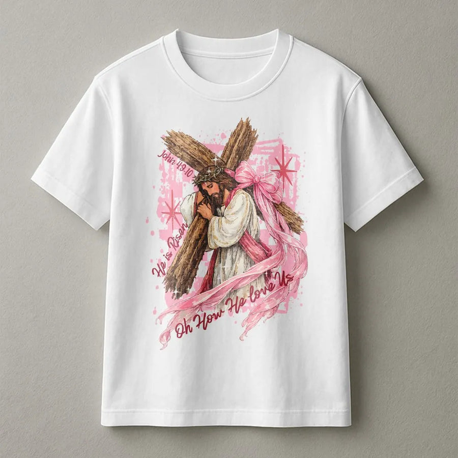 He is Risen T-Shirt | Jesus Carrying Cross Graphic | Premium Cotton Blend | Christian Faith Easter Gift for Women