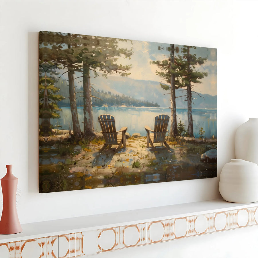Lake House Wall Art | Adirondack Chairs Lakeside Scenery | Premium Gallery Wrapped Canvas | Peaceful Nature Decor for Living Room