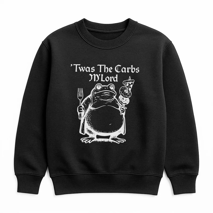 Funny Frog Sweatshirt | 'Twas The Carbs M'Lord Meme Design | Premium Cotton Blend Crewneck | Gift For Foodie And Cottagecore Lover