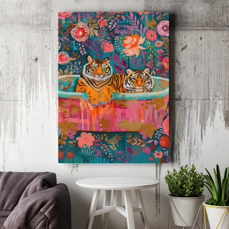 Tiger Canvas Wall Art | Colorful Botanical Jungle Bathroom Decor | 1.25" Gallery Wrap Premium Print | Whimsical Animal Lover Gift