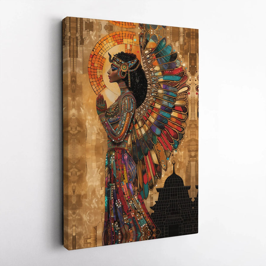 Afrocentric Goddess Canvas Wall Art | Vibrant Winged Woman Mosaic Print | Premium Thick Gallery Wrap | Spiritual Home Decor Gift