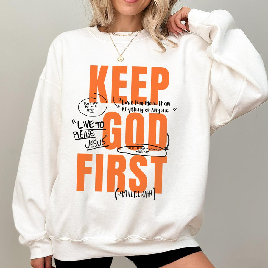 Keep God First Sweatshirt | Christian Faith Quote Graphic Tee | Premium Cotton Blend | Religious Gift for Men and Women