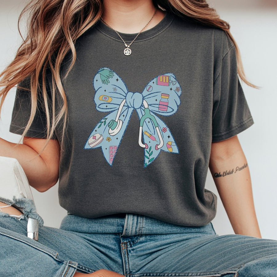 Nurse Coquette Bow T-Shirt | Medical Stethoscope Aesthetic Graphic | 100% Cotton Premium Tee | Cute Nurse Graduation Gift For Her