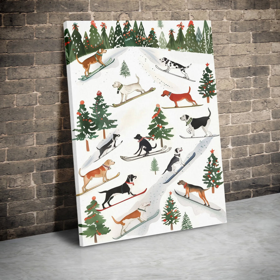 Skiing Dogs Christmas Wall Art | Whimsical Winter Snow Sport Decor | Premium Gallery Wrap Canvas | Holiday Gift for Dog Lovers