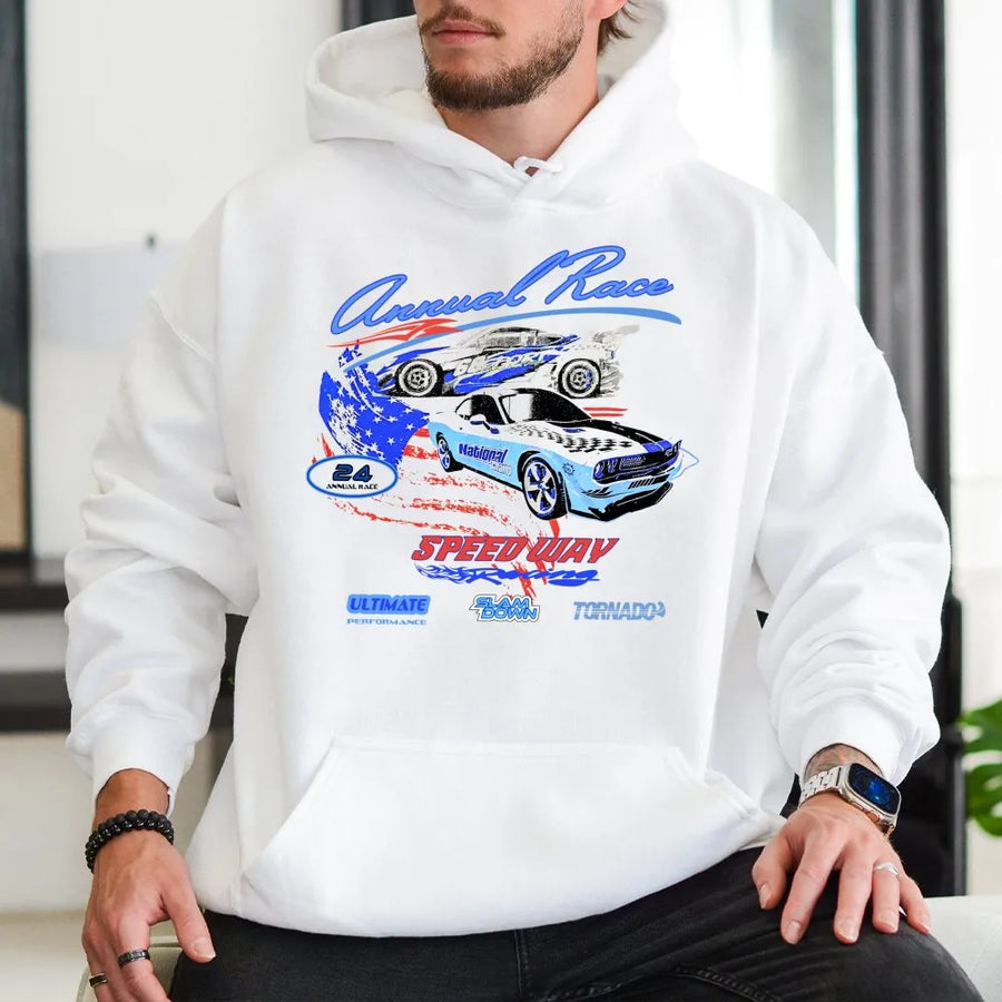 Annual Race Car Hoodie | Retro Speedway Graphic Print | Premium Cotton Blend | Unisex Streetwear Gift for Racing Fans