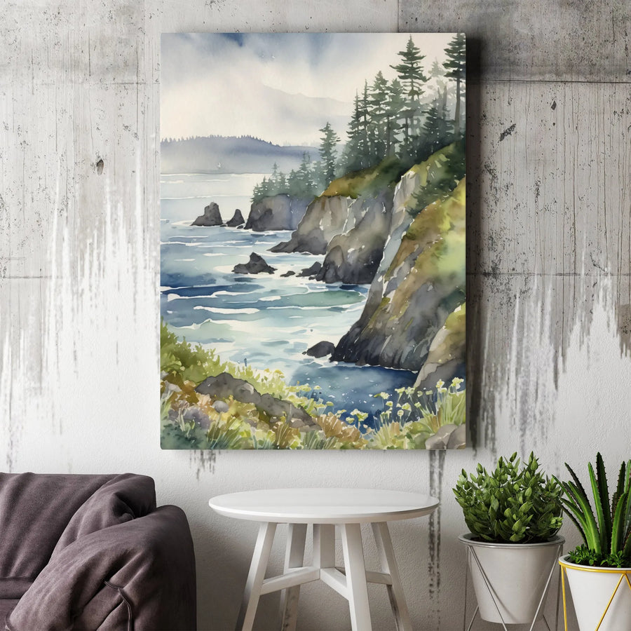 Coastal Landscape Wall Art | Watercolor Rocky Shore with Pine Trees | Premium Gallery-Wrapped Canvas | Serene Nature Home Decor Gift